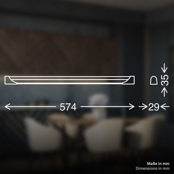 Maßzeichnung einer schmalen Leuchte mit einer Länge von 574 Millimeter, einer Höhe von 35 Millimeter und einer Tiefe von 29 Millimeter.