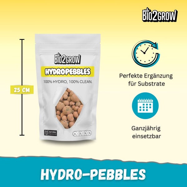 Packung Hydro-Pebbles, 25 cm hoch, perfekte Ergänzung für Substrate, ganzjährig einsetzbar, Bio2Grow Logo