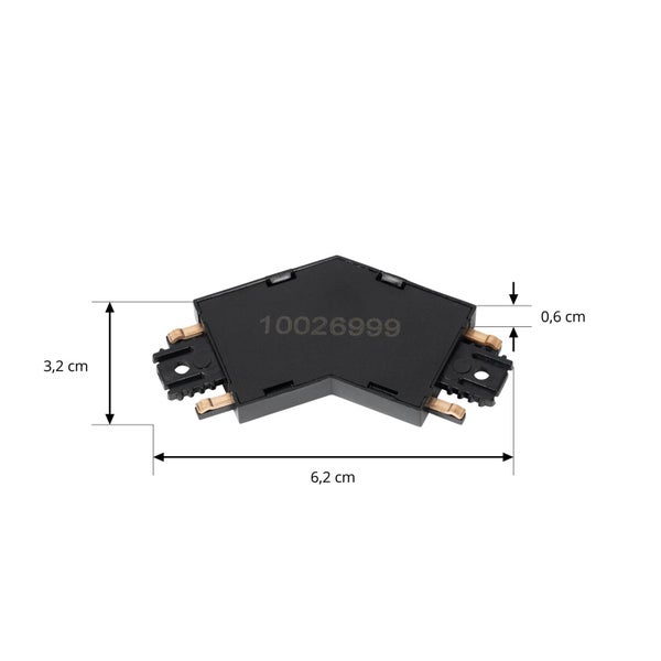 Schwarzer Eckverbinder für Schienensysteme mit Maßen 6,2 Zentimeter mal 3,2 Zentimeter mal 0,6 Zentimeter.