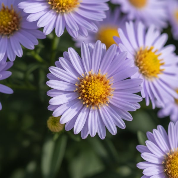 Kissenaster mit violetten Blütenblättern und gelber Blütenmitte.