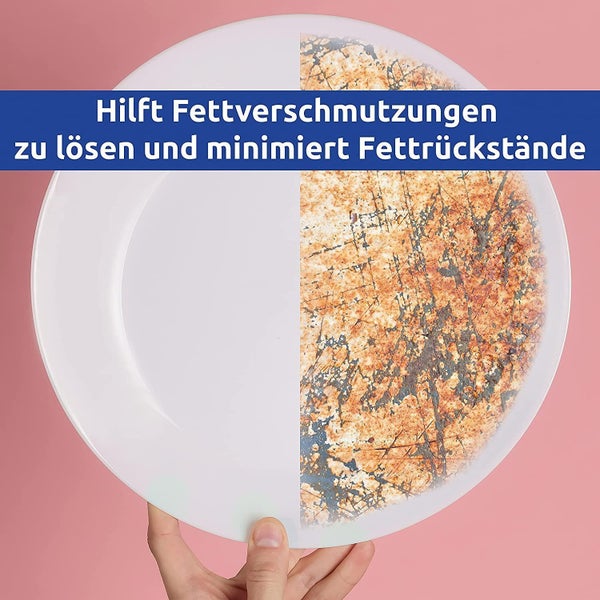 Ein Teller, zur Hälfte sauber und zur anderen Hälfte mit Fettverschmutzungen bedeckt, um die Wirksamkeit bei der Fettentfernung zu demonstrieren.