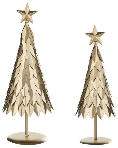 Zwei dekorative Weihnachtsbaume aus Metall mit Sternspitze als Tischdekoration.