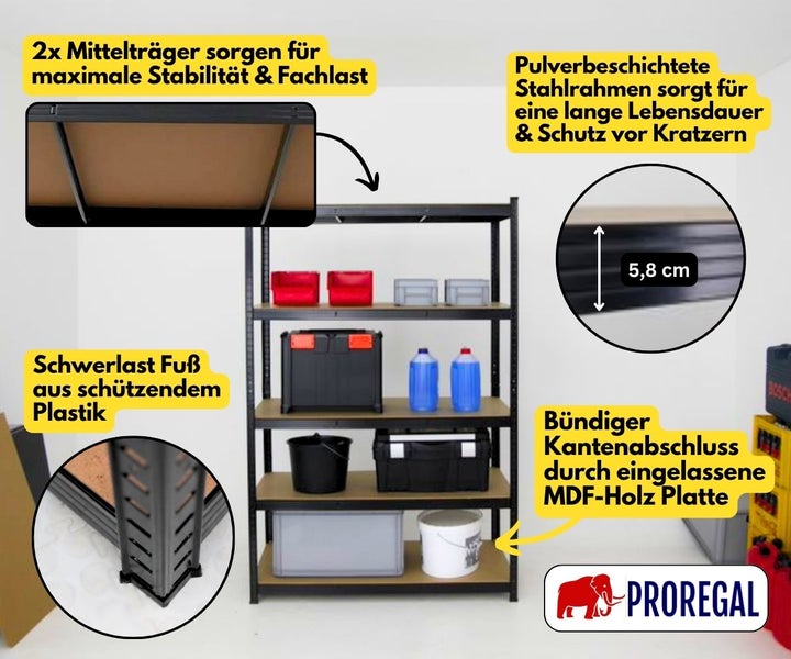 Schwerlastregal aus pulverbeschichtetem Stahl mit fünf MDF-Böden, zwei Mittelträgern pro Fachboden, Kunststofffüßen und 5,8 Zentimeter Profilhöhe.