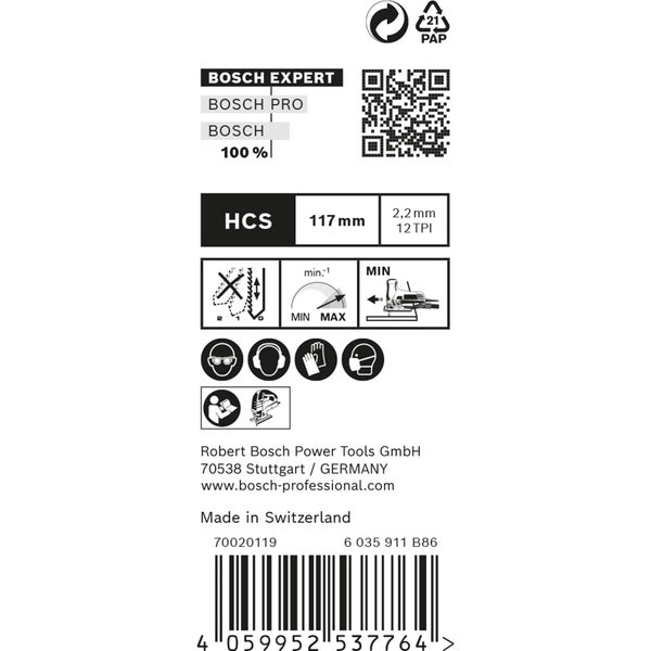 Informationen zu Bosch Stichsägeblättern wie Material, Größe und Sicherheitshinweise