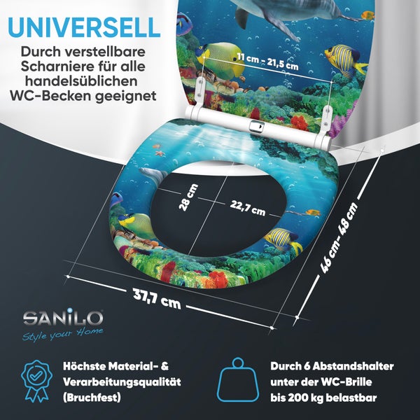 Universeller Sanilo WC-Sitz mit Unterwasser-Motiv, Maße 37,7 mal 46 bis 48 Zentimeter. Bruchfest und belastbar bis 200 Kilogramm. Sanilo Logo.
