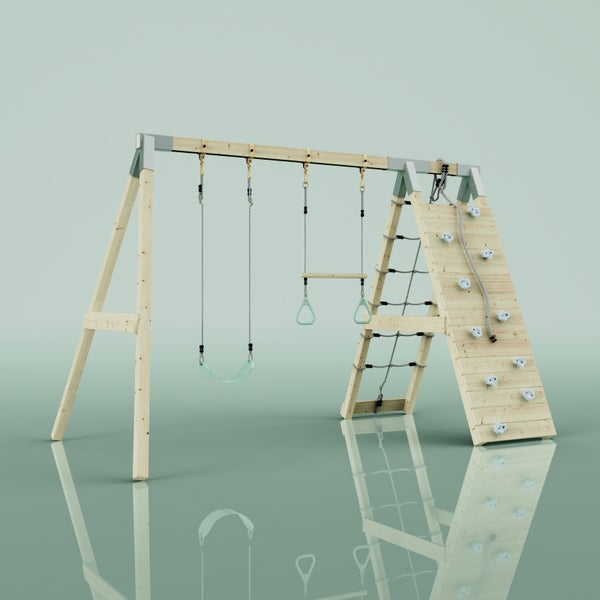 Klettergerüst aus Holz mit Schaukel, Trapezstange mit Ringen, Kletterwand und Seilnetz