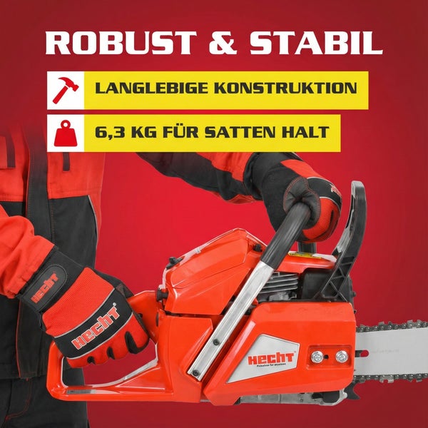 Hecht Kettensäge mit robustem und stabilem Design für eine lange Lebensdauer und sicheren Halt bei 6,3 Kilogramm Gewicht