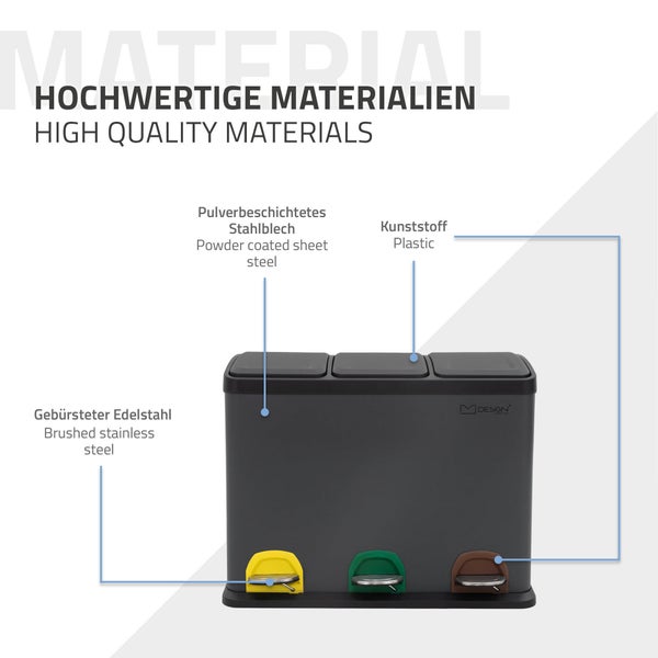 ML-Design Mülleimer Küche 3x 8L (24L), Anthrazit, Mülltrennsystem 3 Fächer, Treteimer zur Mülltrennung, Abfalleimer aus Stahl mit Inneneimer aus Kunststoff & Klappdeckel, farblicher Kennzeichnung