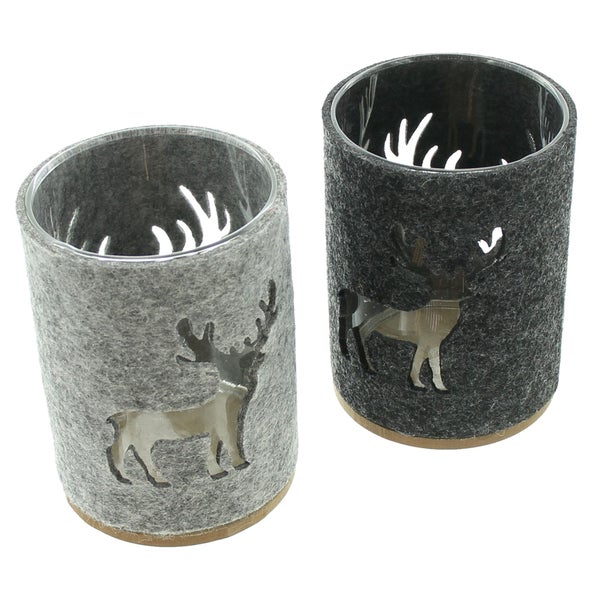 FRANK FLECHTWAREN | Windlicht Hirsch, 2er Set, GLAS, FILZ AUS PET, Ø 14 x 10 cm, ohne Kerzen