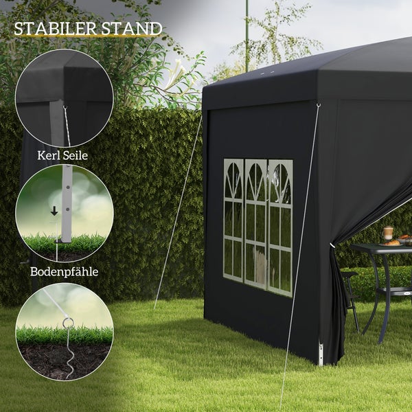 Outsunny Pavillon ca.3x3m, wasserabweisend Stabil Winterfest Pop-up Faltpavillon, UV Schutz 50+, Faltbar Partyzelt Gartenzelt mit 4 Seitenteilen Tasche Gartenpavillon für Camping Garten, Schwarz