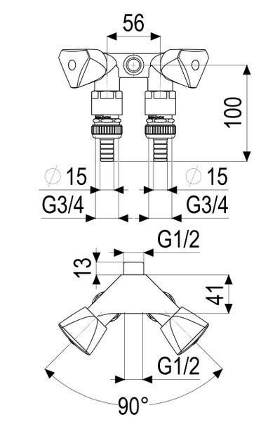 Technische Explosionszeichnung einer Armatur mit nummerierten Einzelteilen wie Griffen und Anschlüssen.