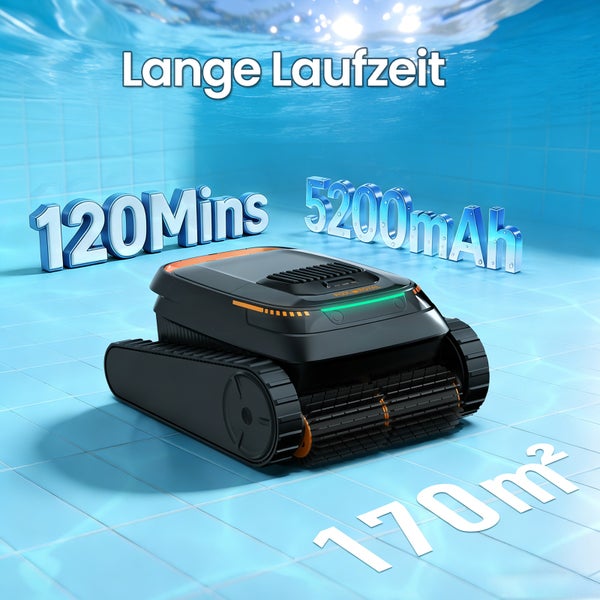 Poolroboter unter Wasser mit 120 Minuten Laufzeit, 5200 Milliamperestunden Akku und einer Reinigungsfläche von 170 Quadratmetern.