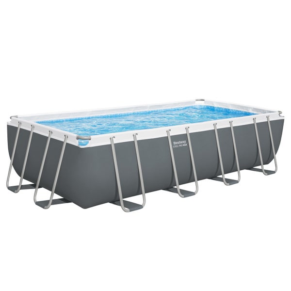 Bestway Steel Pro Max rechteckiger Frame Pool mit grauem Becken, weißem Rand und stabilen Stützbeinen aus Stahl.
