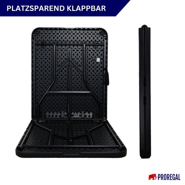 Platzsparender Klapptisch von Proregal in geöffnetem und geschlossenem Zustand.