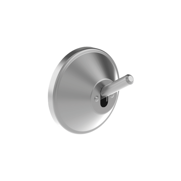 Wandhaken aus Metall mit runder Grundplatte und einem Stift.