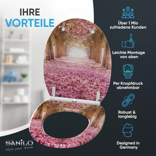 Sanilo WC-Sitz mit Kirschblütenallee-Motiv, Montage von oben, abnehmbar per Knopfdruck, robust, langlebig, entworfen in Deutschland, Sanilo Logo.