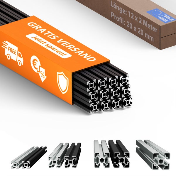 Aluminiumprofile in Verpackung mit Hinweis auf kostenlosen Versand und Made in Europe
