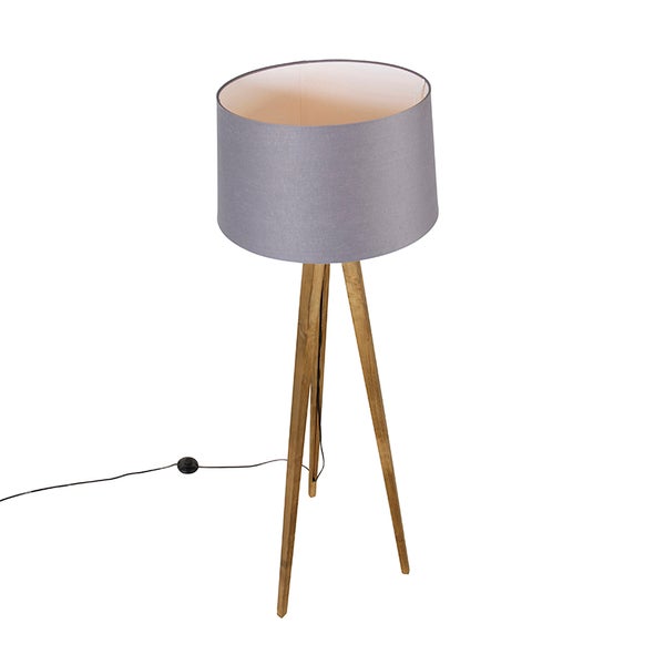 Stehlampe mit grauem Lampenschirm und Holzbeinen