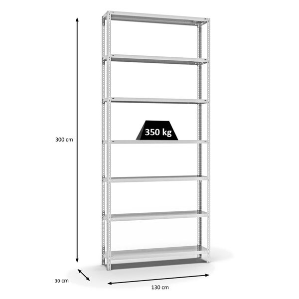 PROREGAL Fachbodenregal Schraubsystem Heavy-Duty Grundregal HxBxT 300 x 130 x 30 cm 7 Ebenen Fachlast 350 kg Beidseitig Nutzbar Lichtgrau