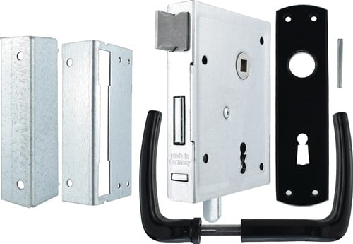 Türbeschlagset mit Schlosskasten, Schließblechen, Türklinken und Rosetten