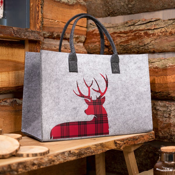 FRANK FLECHTWAREN | Filztasche Hirsch-Karo, POLYESTER, 45 x 20 x 30 cm