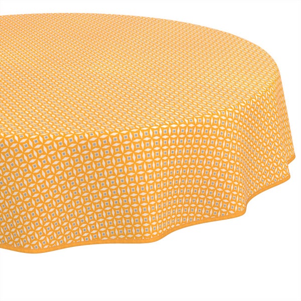 Runde Tischdecke in Orange mit geometrischem Muster aus Kreisen und Rauten.