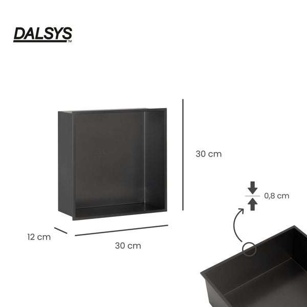 Dalsys Wandnische: Höhe 30 Zentimeter, Breite 30 Zentimeter, Tiefe 12 Zentimeter und Randstärke 0,8 Zentimeter. Dalsys Logo.