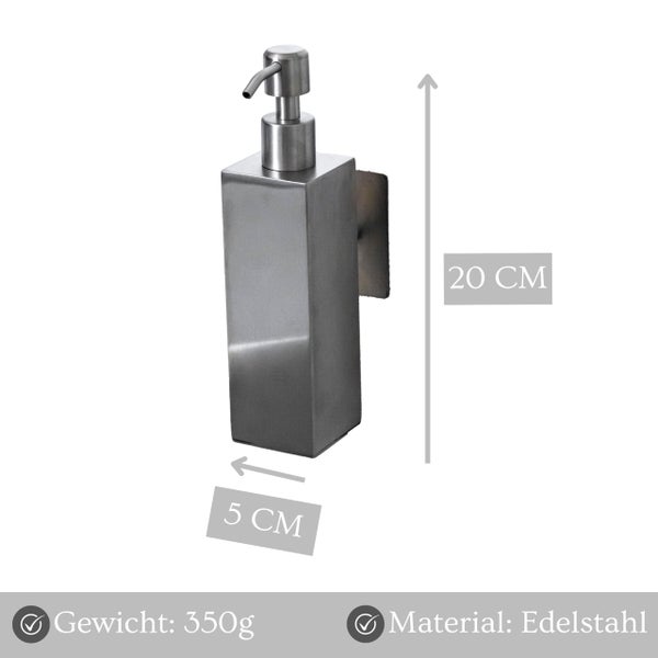 Wandseifenspender aus Edelstahl, quadratisch, Höhe 20 Zentimeter, Breite 5 Zentimeter, Gewicht 350 Gramm