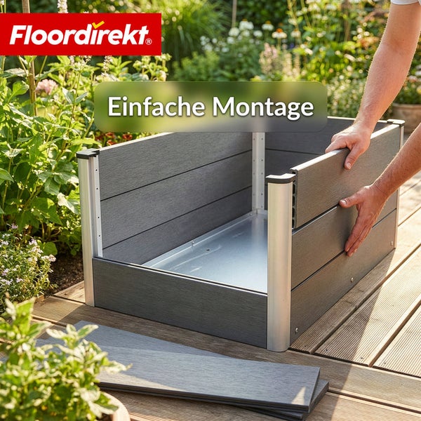 Aufbaubild eines grauen, rechteckigen Hochbeets mit Aluminiumrahmen und dem Hinweis Einfache Montage. Floor direkt Logo.