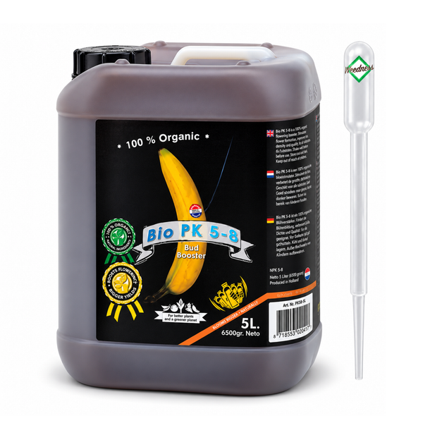 Fünf Liter Bio PK Blühbooster Dünger mit Dosierpipette für organisches Pflanzenwachstum
