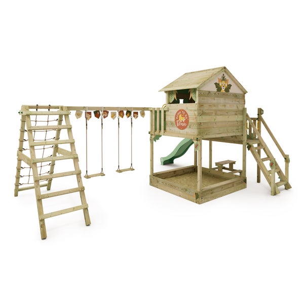 WICKEY Spielturm Disney Der König der Löwen Saga mit Rutsche, Picknicktisch, Kletteranbau und Doppelschaukel