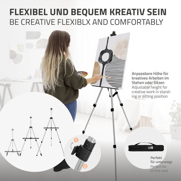 ECD Germany Staffelei, Atelierstaffelei aus Aluminium, Silber, Höhenverstellbar von 50-156 cm, Stabil und Ultraleicht, Faltbare Tischstaffelei für Leinwände bis 80 cm, Feldstaffelei mit Tragetasche