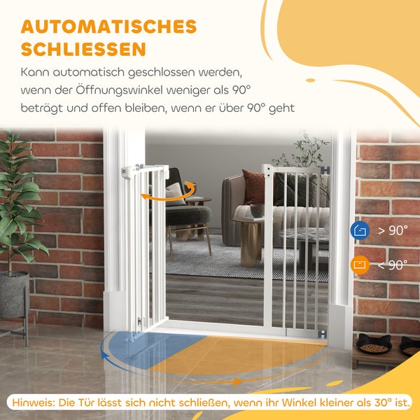 PawHut Türschutzgitter Hunde, Absperrgitter, 74-94 cm, Treppenschutzgitter für Haustier, Hundegitter inkl. Verlängerung, Schutzgitter ohne Bohren, Metall, Kunststoff, Weiß