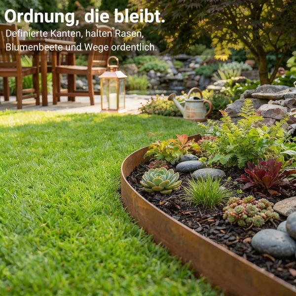 Beeteinfassung aus Metall trennt eine Rasenfläche von einem Blumenbeet mit Sukkulenten und Mulch in einem Garten.