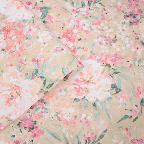 Tapete mit floralem Muster, Blumen und Blättern im malerischen Stil