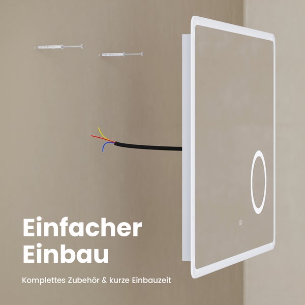 EMKE Badspiegel mit Beleuchtung 80 x 60 cm, Kaltweiß, Touchschalter, Anti-Beschlag, integrierter 3-fach Vergrößerungsspiegel, IP44, kupferfreier & rostfreier Spiegel fürs Badezimmer
