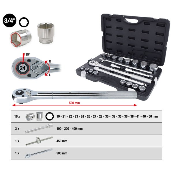 KS TOOLS 3/4 Steckschlüssel-Satz 21tlg. 6-kant - 911.0721