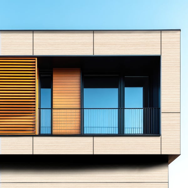 Gebäudeaußenansicht mit Fassadenverkleidung, Fenster und Balkon.