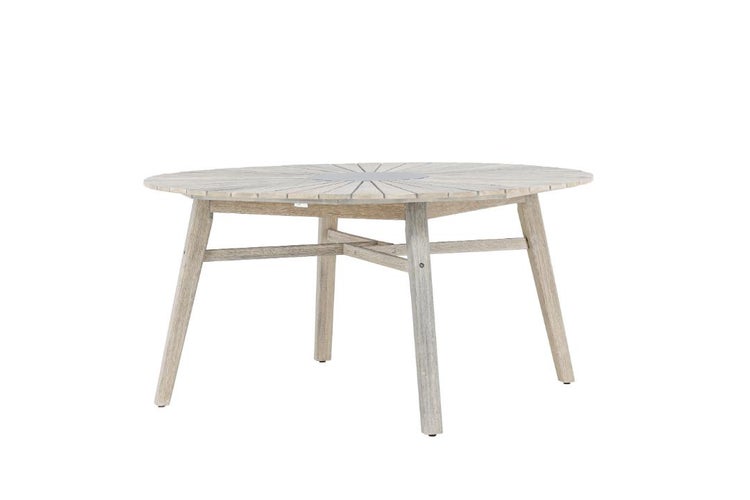 Runder Gartentisch aus Holz mit strahlenförmig angeordneten Latten und vier Beinen.