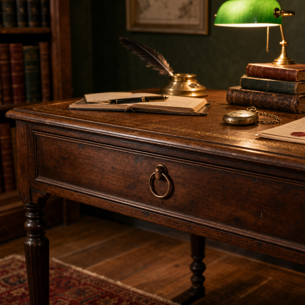 Antiker Schreibtisch aus dunklem Holz mit Schublade und Ringgriff in einem klassisch eingerichteten Arbeitszimmer.