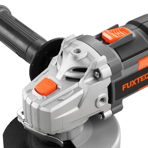 Fuxtec Winkelschleifer Detailansicht mit Getriebegehäuse aus Metall, Spindelarretierung, Ein-Ausschalter und Zusatzhandgriff.