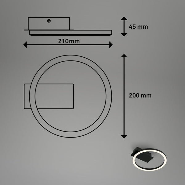 Technische Zeichnung einer Wandleuchte mit den Maßen 210 mm Breite, 200 mm Höhe und 45 mm Tiefe.
