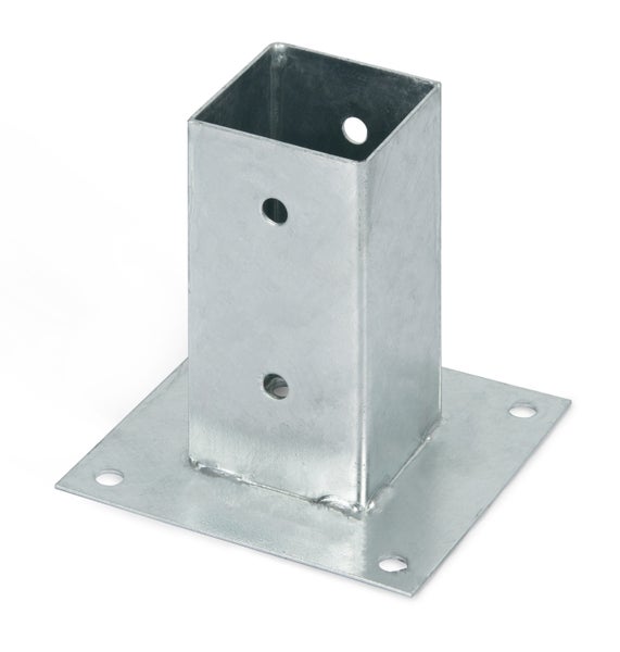 Pfostenanker zum Aufschrauben aus feuerverzinktem Stahl mit quadratischer Aufnahme und Bodenplatte.