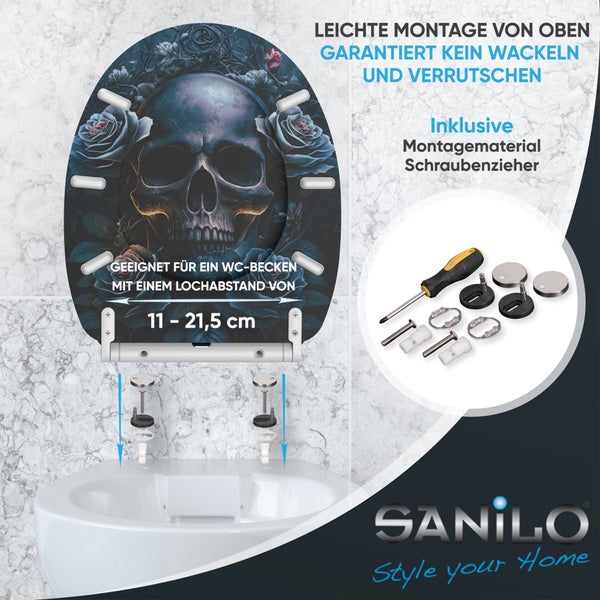 Sanilo WC-Sitz mit Totenkopf und Rosen Motiv inklusive Montagematerial und Schraubenzieher für einfache Montage von oben bei 11 bis 21,5 cm Abstand
