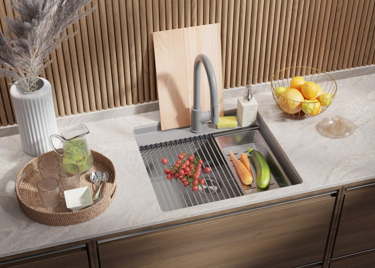 PRIMAGRAN Unterbauspüle Granit Grau 56x53cm, Spülbecken 1 Becken + Ablauf-Set + Schneidebrett, Granitspüle ab 60er Unterschrank - Bergen