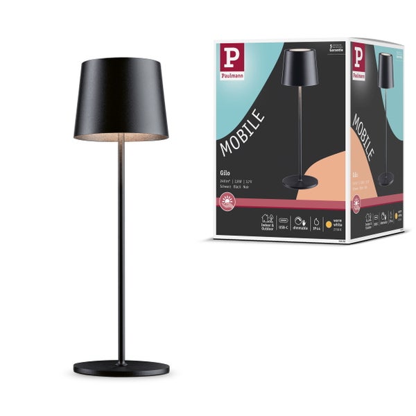 Technische Zeichnung einer tragbaren LED Tischleuchte mit USB Anschluss, IP44 Schutzart, fünf Jahren Garantie und Informationen zur Leuchtdauer.
