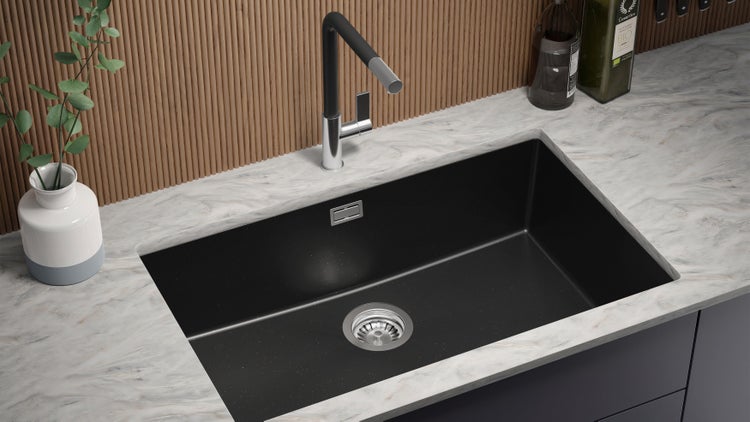 PRIMAGRAN Unterbauspüle Granit Schwarz Metallic 76x47cm, Spülbecken 1 Becken + Ablauf-Set, Granitspüle ab 80er Unterschrank - London