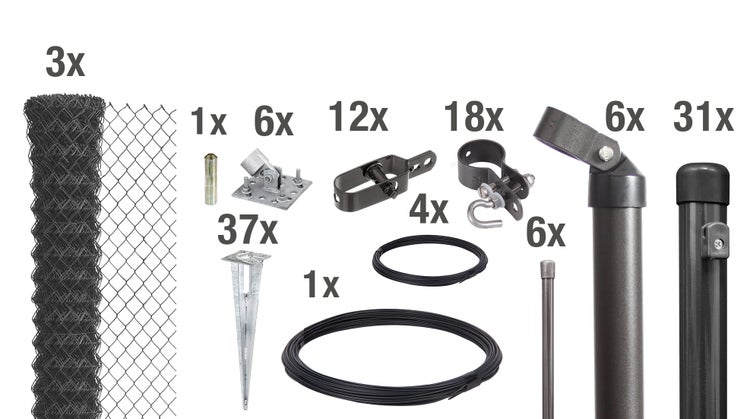 Komplettes Maschendrahtzaun Set mit Zaunrollen, Pfosten, Bodenhülsen und Befestigungsmaterial für die Zaunmontage