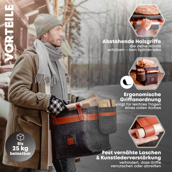OAKAGE® Classic Duo Dunkelgrau Holzkorb Filz - Metallrahmen für Zusatzstabilität - 42x32x35cm