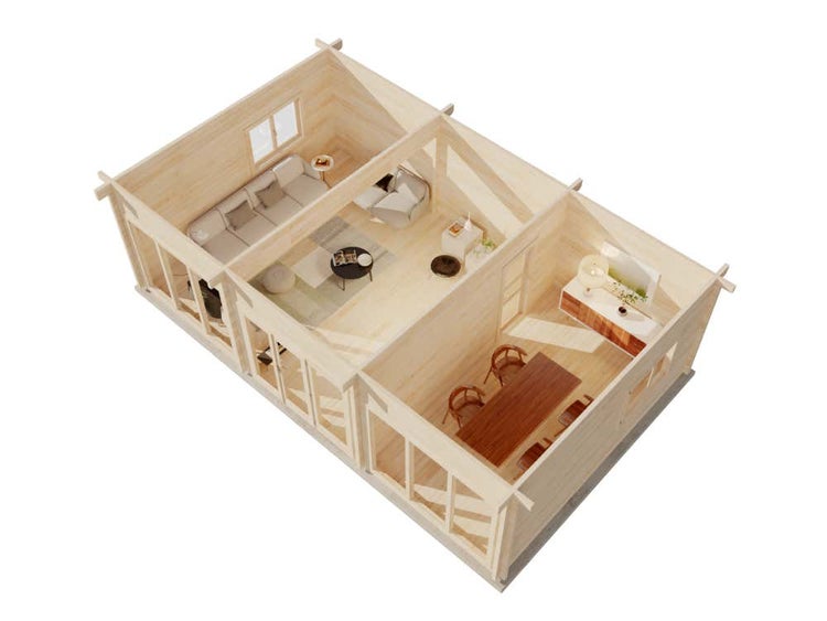 Modernes Gartenhaus aus hellem Holz mit Flachdach, bodentiefen Glasfronten und Doppeltür auf einer Rasenfläche.